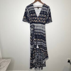 Jessica Simpson Boho Maxi Dress Medium Blue Cream V-Neck Short Sleeve Flowy